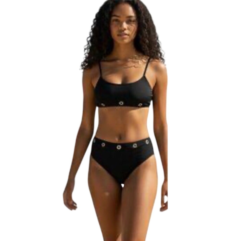 Juicy Couture Womens Black 2 Piece Grommet Bikini Set High Waist XL Modern Edgy